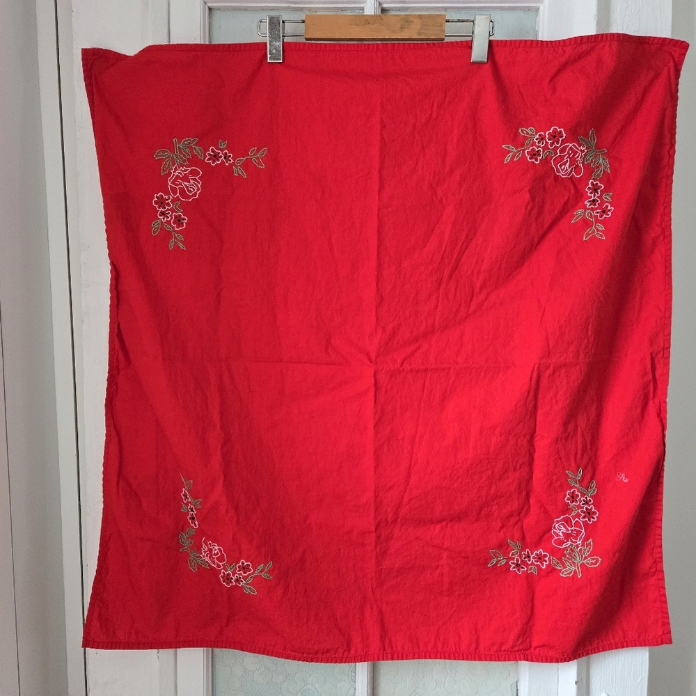 Handmade Red Hand-Embroidered Floral Tablecloth – Cottage Decor
